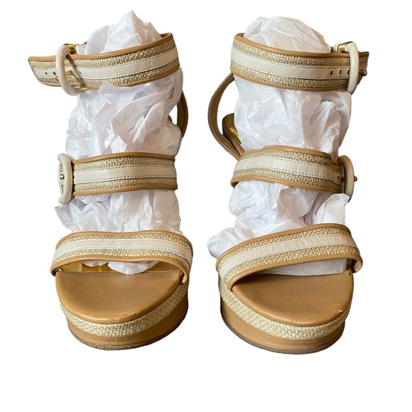 COACH tan and cream woven straw wedge platforms with ankle strap - maralee style - Picture 4 of 11